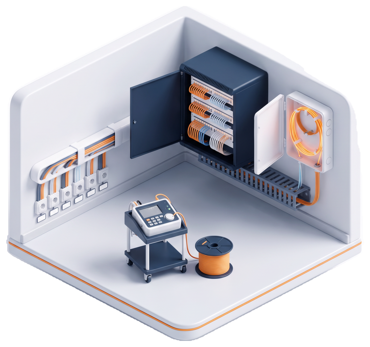Cuarto de telecomunicaciones con gabinete, patch panels, fibra óptica y salidas de red etiquetadas