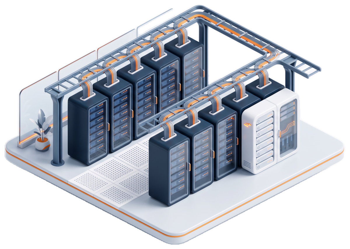 Sala de data center con dos filas de racks, almacenamiento y bandeja portacables