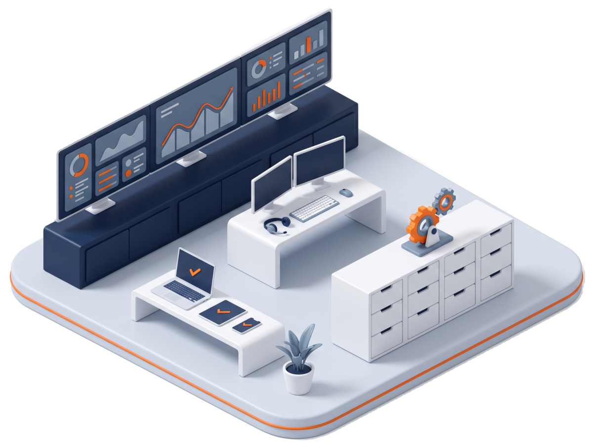 Mesa de servicio con tableros de monitoreo, dispositivos actualizados y engranes de automatización