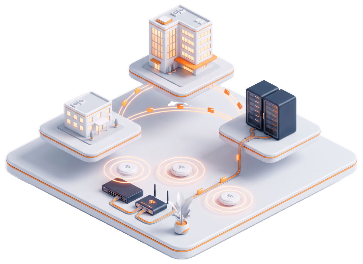 Sede central, sucursal y data center conectados por enlaces de datos, con puntos de acceso Wi-Fi