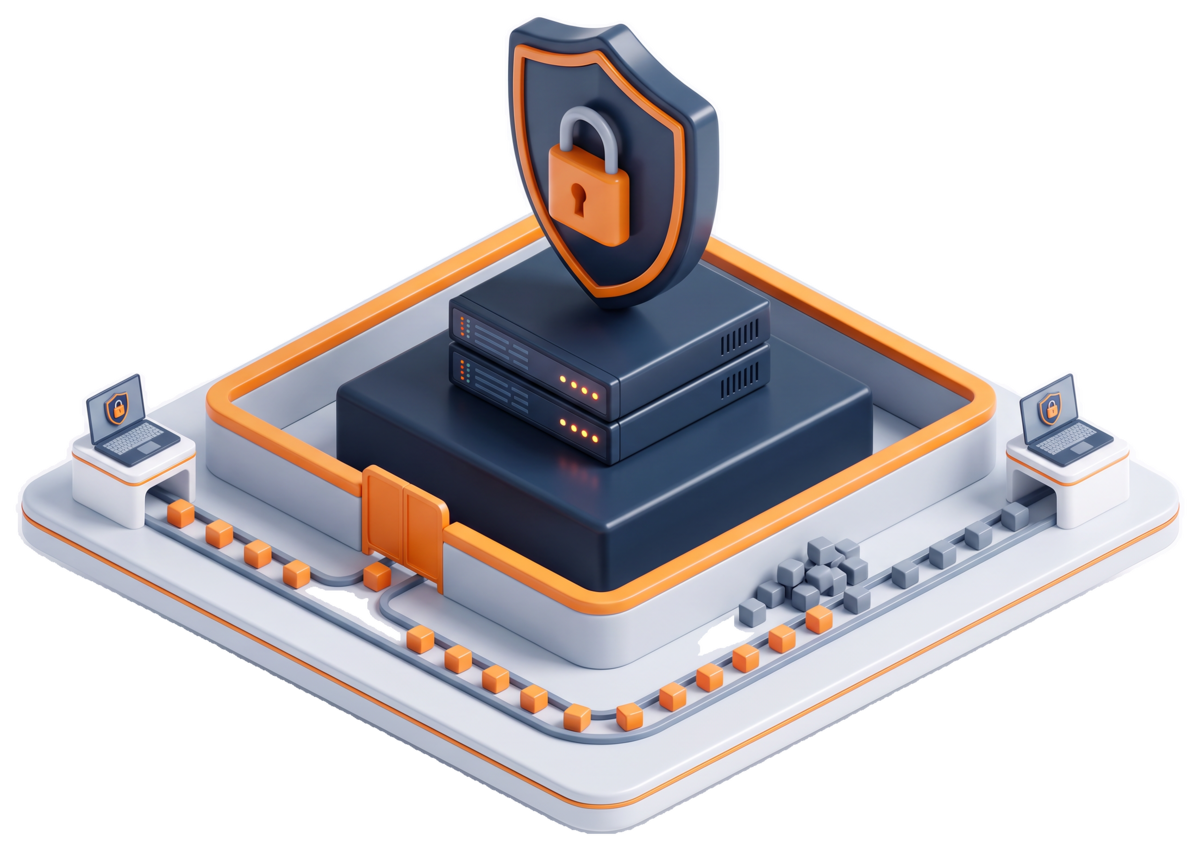 Firewall protegido por un perímetro, con tráfico verificado entrando y equipos con escudo